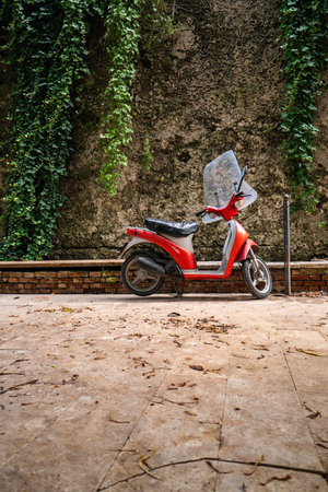 Vintage Red Scooter Against Leafy Wall in Sicily, Italyの写真素材