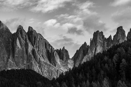 Majestic Peaks of Santa Maddalena, Alps, Italy in Monochromeの写真素材