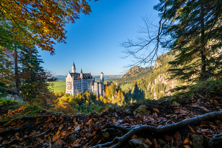 Stunning View of Neuschwanstein Castle in Autumnの写真素材