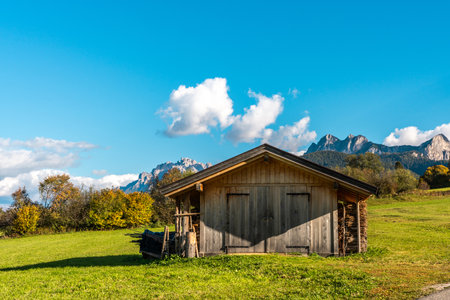 Charming Wooden Hut at Lago di Braies, Italyの写真素材