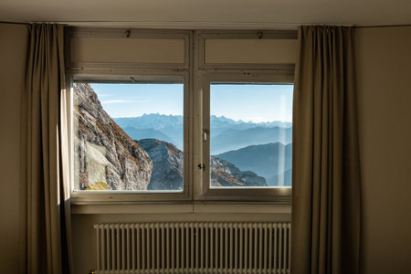 Autumn View from a Mountain Window in Pilatus, Switzerlandの写真素材