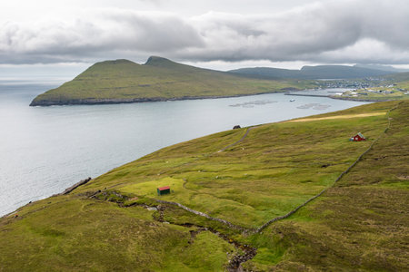 Stunning Aerial View of the Faroe Islands Dramatic Coastlineの写真素材