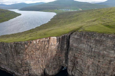 Stunning Drone View of Faroe Islands Cliffs and Valleysの写真素材