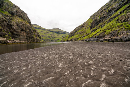 Stunning Aerial View of Faroe Islands Dramatic Landscape in Late Summerの写真素材