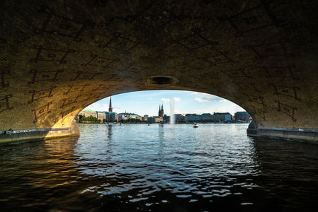Stunning View Under a Bridge in Hamburg on a Summer Dayの写真素材