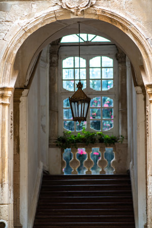 Charming Staircase with Antique Lantern in Sicily, Italyの写真素材