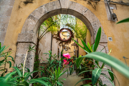 Charming Alleyway in Sicily Decorated with Lush Greenery and Flowersの写真素材