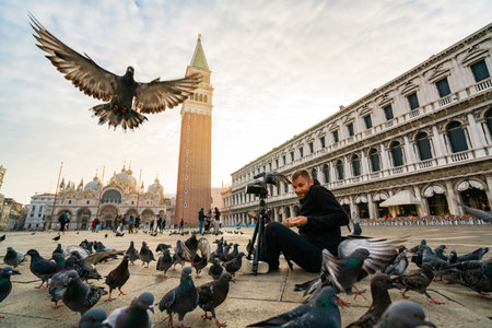 Photographer in St. Marks Square with Pigeons at Sunrise, Veniceの写真素材