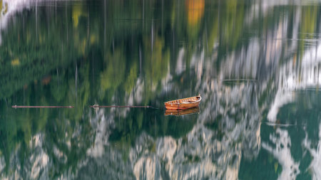 Serene Reflections at Lago di Braies, Italyの写真素材
