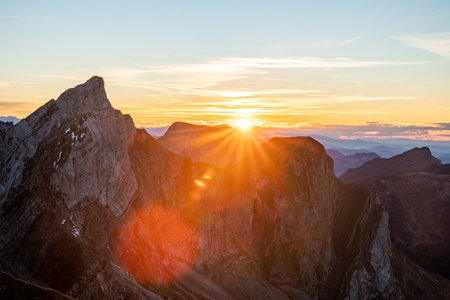 Stunning Autumn Sunset Over Mount Pilatus, Switzerlandの写真素材