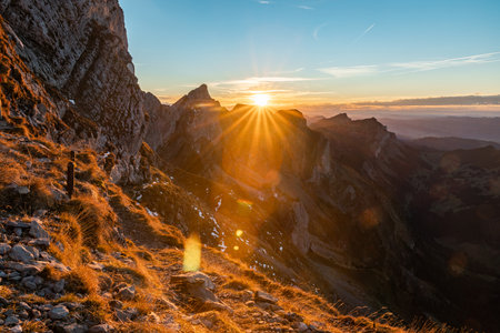 Breathtaking Autumn Sunset Over Pilatus Mountain, Switzerlandの写真素材