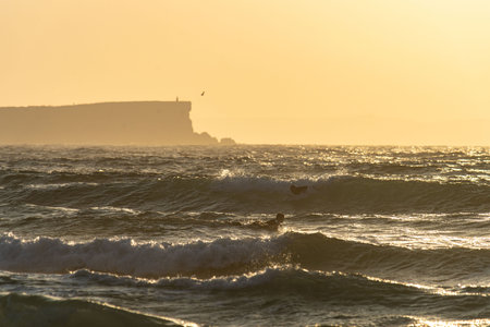 Golden Sunset Surfing at Peniche, Portugalの写真素材