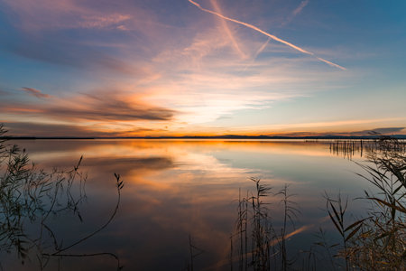 Stunning Sunset Over Lake Albufera, Spainの写真素材