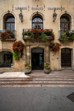 Charming Entrance of Hotel de Ville, Menasque, Provence, Franceの写真素材