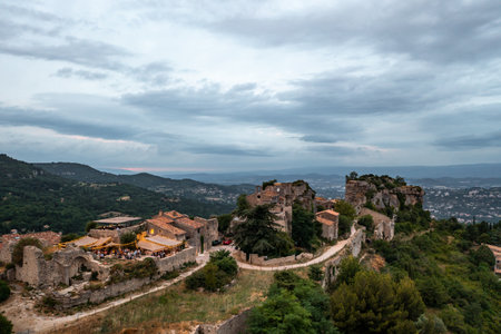 Aerial View of Rustic Village in Provence, France at Duskの写真素材