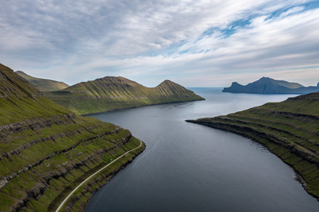 Stunning Aerial View of the Faroe Islands Dramatic Landscapeの写真素材