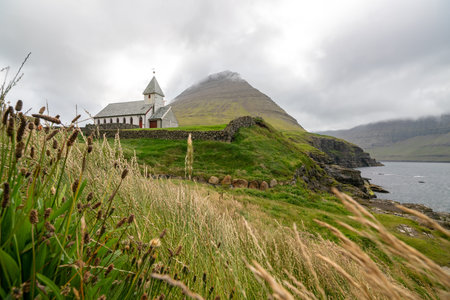 Aerial View of Historic Church in the Faroe Islandsの写真素材