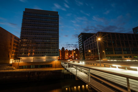 Stunning Night View of Hamburgs Modern Architectureの写真素材