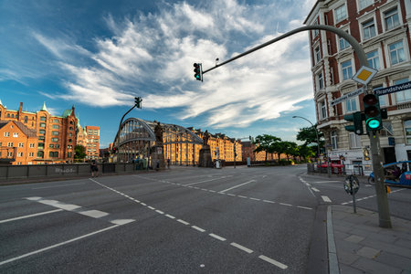 Stunning Summer Scene in Hamburg, Germany with Iconic Bridgeの写真素材