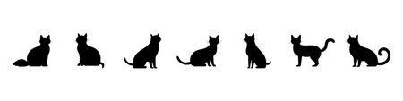 Black silhouette of a cat set. Puss or cat silhouette. Cat playing or sitting. Feline care. Pet concept. Vector setのイラスト素材