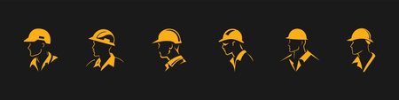 A builder, mechanic or tech man side profile. Work man in helmet or maintenance worker side profile silhouette. A builder, mechanic, plumber or electrician icon. Vector setのイラスト素材