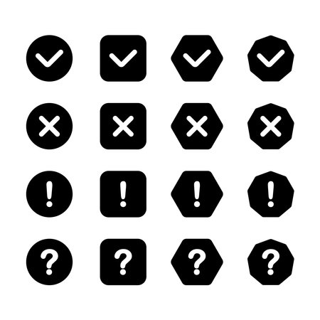 Checklist icon, check marks. Yes and no buttons. True or false. Test buttons, signs or labels. tick, cross, question mark and exclamation point. Tick, cross or question signs. Vector setのイラスト素材