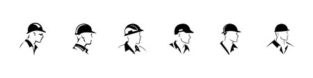 A worker, mechanic or tech man side profile. Work man in helmet or maintenance worker side profile silhouette. A builder, mechanic, plumber or electrician icon. Vector setのイラスト素材