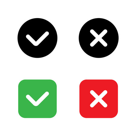 Checklist icon, check marks. Tick or cross labels. Tick, cross or question signs. Test buttons, signs or labels. tick, cross, question mark and exclamation point.のイラスト素材