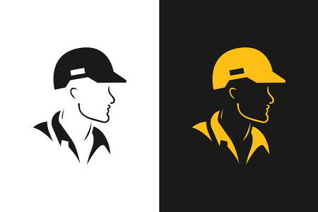 A builder, mechanic or tech man side profile. Work man in helmet or maintenance worker side profile silhouette. A builder, mechanic, plumber or electrician icon. Vector illustrationのイラスト素材