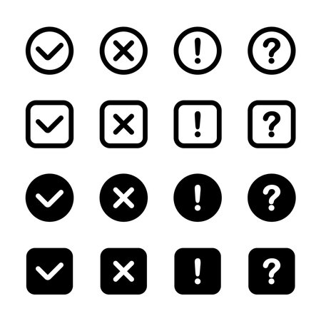 Checklist icon, check marks. Yes and no buttons. Tick, cross or question signs. True or false. Test buttons, signs or labels. tick, cross, question mark and exclamation point. Vector setのイラスト素材