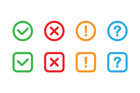 Checklist icon, check marks. Tick, cross or question signs. True or false. Test buttons, signs or labels. tick, cross, question mark and exclamation point. Vector setのイラスト素材