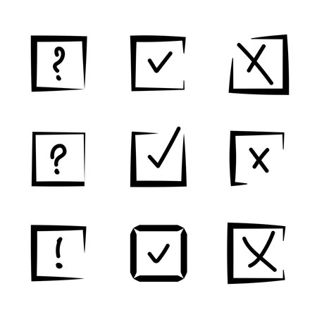 Checklist icon, check marks. Yes and no buttons. Tick, cross or question signs. True or false. Test buttons, signs or labels. tick, cross, question mark and exclamation point. Vector setのイラスト素材