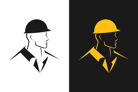 A builder, mechanic or tech man side profile. Work man in helmet or maintenance worker side profile silhouette. A builder, mechanic, plumber or electrician icon. Vector illustrationのイラスト素材