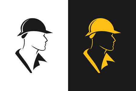 A builder, mechanic or tech man side profile. Work man in helmet or maintenance worker side profile silhouette. A builder, mechanic, plumber or electrician icon. Vector illustrationのイラスト素材