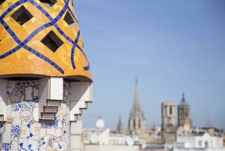 Barcelona, Spain - September 25, 2015: Gaudi Chimney, Palau Guell, Gaudi broken tile mosacis and strange decorated chimneys are evident in his early work at Palau Guell.のeditorial素材