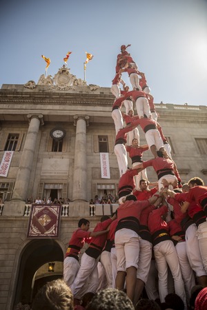 Barcelona, Spain - September 20, 2015: Castelers at La Merce. Human Castle building is a Catalonian tradition and is a UNESCO Masterpiece of the Oral and Intangible Heritage of Humanityのeditorial素材