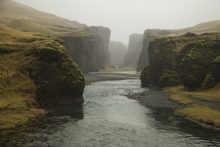 Fja?r?rglj?fur canyon in the mist, South East icelandの写真素材