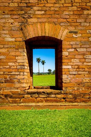 The UNESCO-listed ruins of Jesus de Tavarangue mission, a Jesuit Reduction for Guarani people near Encarnacion in Paraguayの写真素材