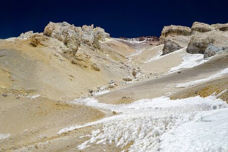 Snow and ice formations, known as Los Penitentes, block the high altitude road to the abandoned sulfur mine of Mina Julia, in the high Andean puna desert of Salta province in Argentinaの写真素材
