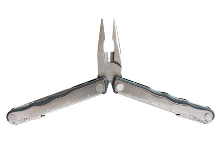 photo of  unfolded leatherman multitool with pliers isolated on white background