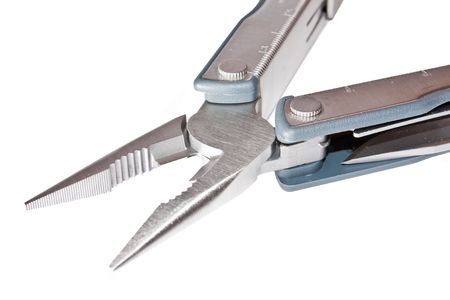photo of  unfolded leatherman multitool with pliers isolated on white backgroundの写真素材