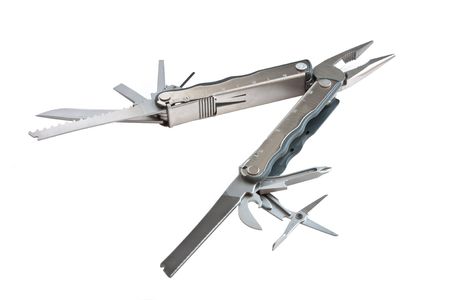 photo of  fully unfolded leatherman multitool  isolated on white backgroundの写真素材