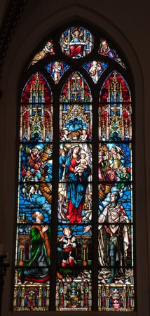 beautiful and colorful stained glass window with lots of details (Riga cathedral, Latvia, Europe)のeditorial素材