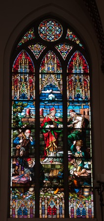 beautiful and colorful stained glass window with lots of details (Riga cathedral, Latvia, Europe)のeditorial素材