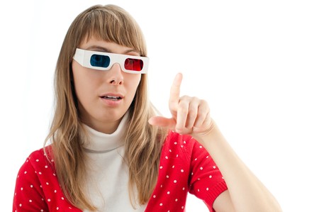 beautiful young woman in 3d cinema glasses isolated on white background