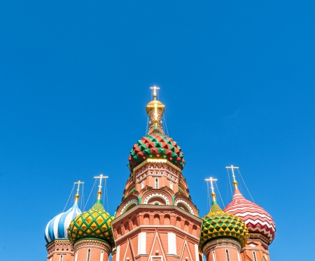 Wide angle view on the top of St. Basil Cathedral at nice summer day with clear blue sky in...