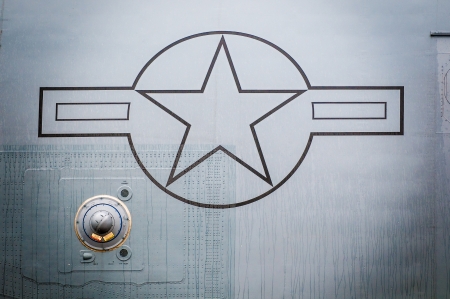 United States of America air force fighter plane detailed view of metal exterior with star symbol.