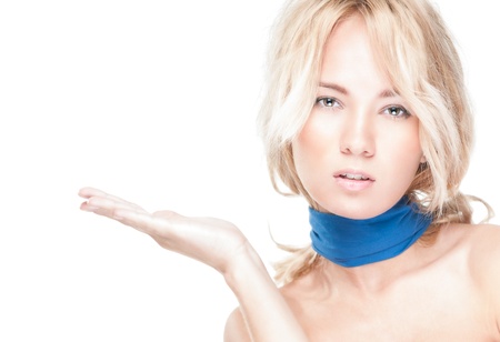 Pretty blonde holding hand and looking in cam  Attractive woman with perfect skin and beautiful hairstyle  Female model isolated on white background  Portrait of sexy young girl with confident look の写真素材