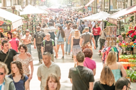 SPAIN, BARCELONA - SEPTEMBER 3  people in La Rambla street  It stretches for 1 2 kilometers  It is popular with both tourists and locals alike  May 15, 2012, Spain, Barcelona, Europe のeditorial素材