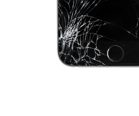 Moscow, Russia - November 22, 2015: Photo of iPhone 6 plus with broken display. Modern smartphone with damaged glass screen isolated on white background. Device needs repair.のeditorial素材